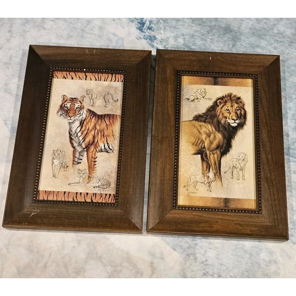 Safari Animal Wall Art Set Tiger Lion Framed Prints J Gibson Rustic‎ Decor